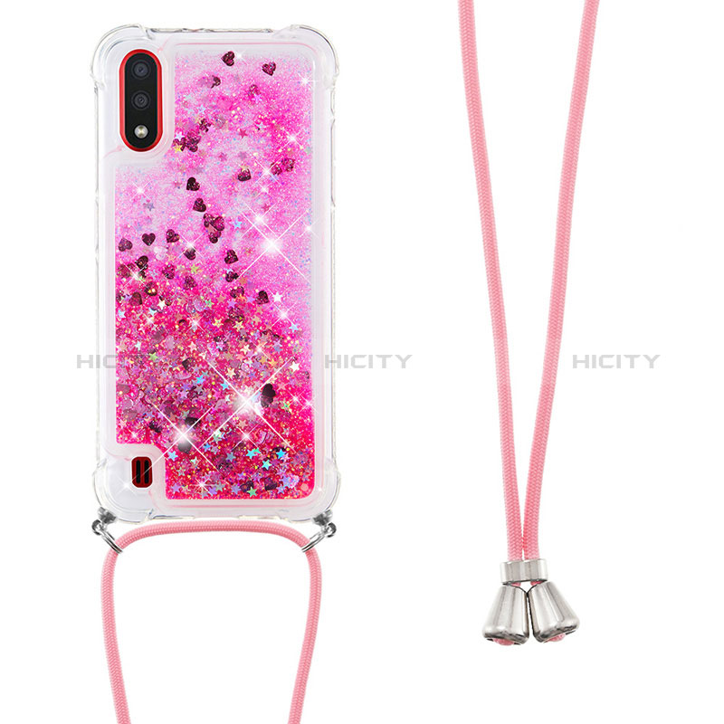 Silicone Candy Rubber TPU Bling-Bling Soft Case Cover with Lanyard Strap S03 for Samsung Galaxy A01 SM-A015 Hot Pink