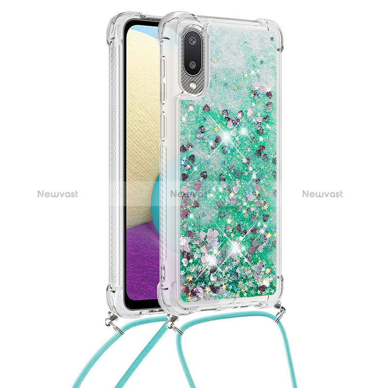 Silicone Candy Rubber TPU Bling-Bling Soft Case Cover with Lanyard Strap S03 for Samsung Galaxy A02 Green
