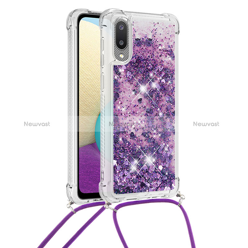 Silicone Candy Rubber TPU Bling-Bling Soft Case Cover with Lanyard Strap S03 for Samsung Galaxy A02 Purple