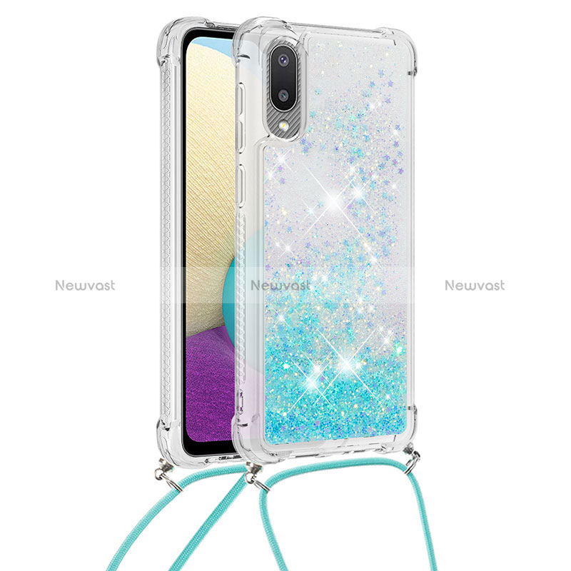 Silicone Candy Rubber TPU Bling-Bling Soft Case Cover with Lanyard Strap S03 for Samsung Galaxy A02 Sky Blue