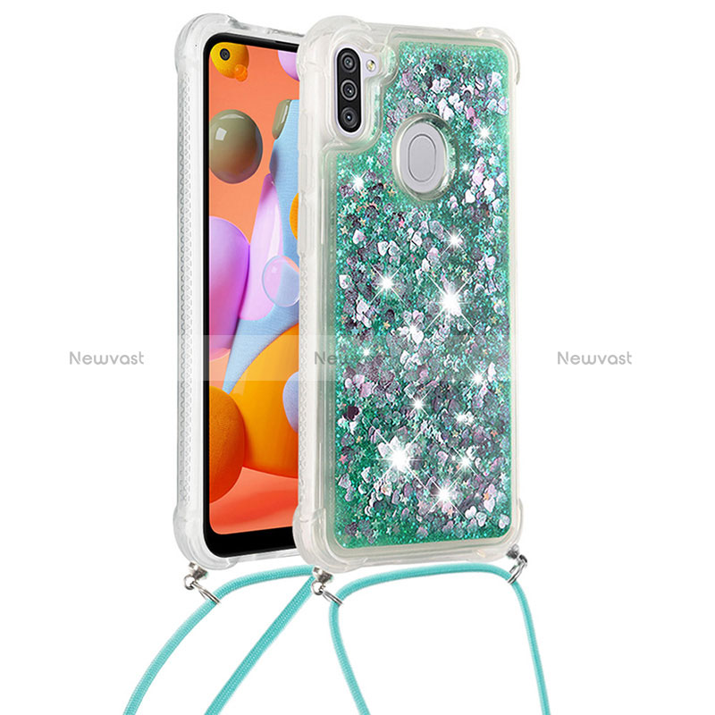 Silicone Candy Rubber TPU Bling-Bling Soft Case Cover with Lanyard Strap S03 for Samsung Galaxy A11 Green