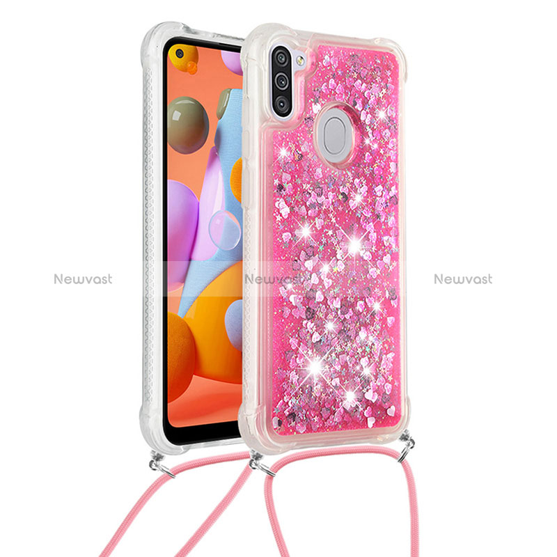 Silicone Candy Rubber TPU Bling-Bling Soft Case Cover with Lanyard Strap S03 for Samsung Galaxy A11 Hot Pink