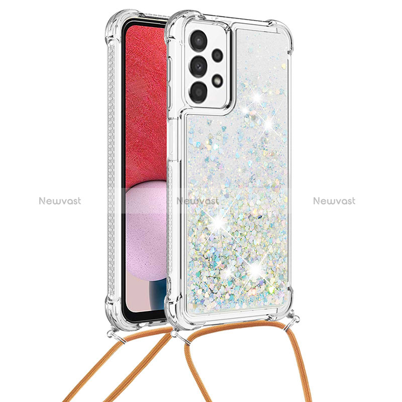 Silicone Candy Rubber TPU Bling-Bling Soft Case Cover with Lanyard Strap S03 for Samsung Galaxy A13 4G Silver