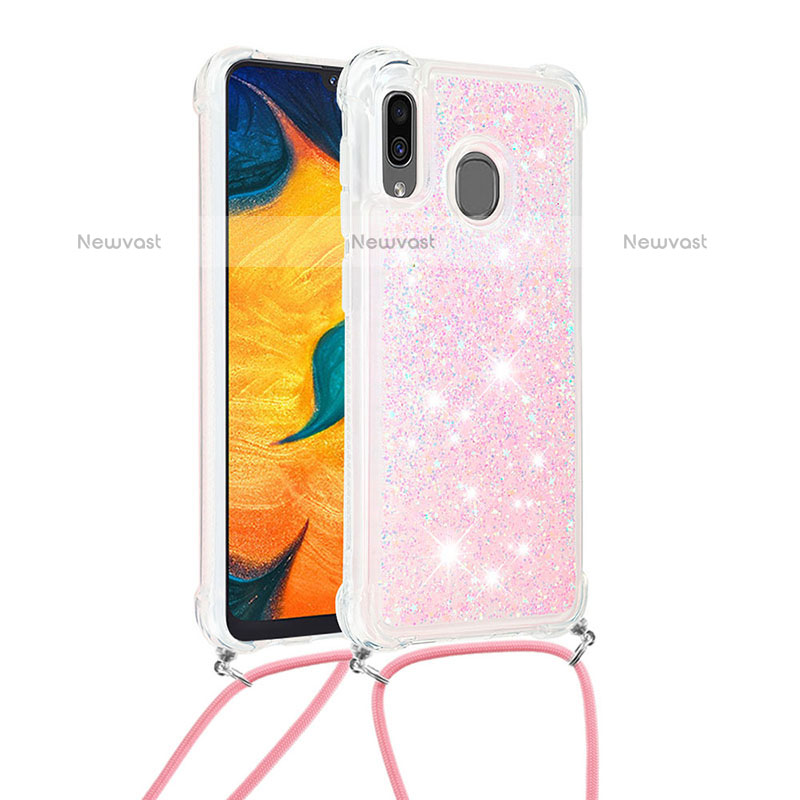 Silicone Candy Rubber TPU Bling-Bling Soft Case Cover with Lanyard Strap S03 for Samsung Galaxy A20 Pink