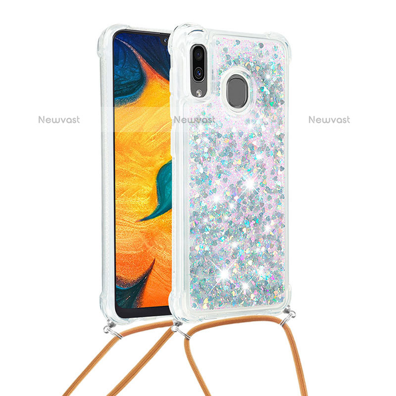 Silicone Candy Rubber TPU Bling-Bling Soft Case Cover with Lanyard Strap S03 for Samsung Galaxy A20 Silver