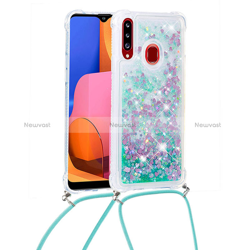 Silicone Candy Rubber TPU Bling-Bling Soft Case Cover with Lanyard Strap S03 for Samsung Galaxy A20s Green