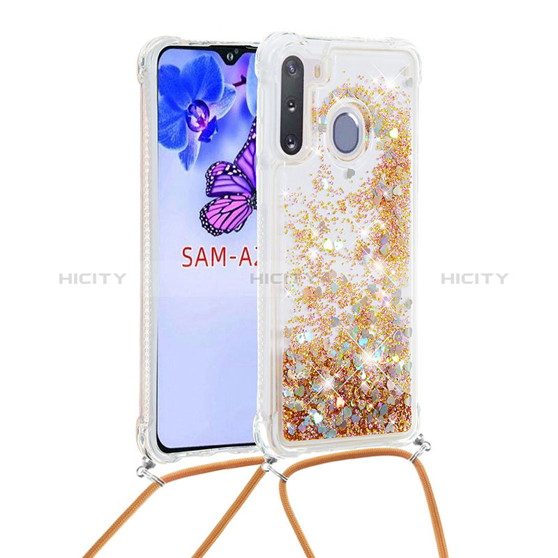 Silicone Candy Rubber TPU Bling-Bling Soft Case Cover with Lanyard Strap S03 for Samsung Galaxy A21 European