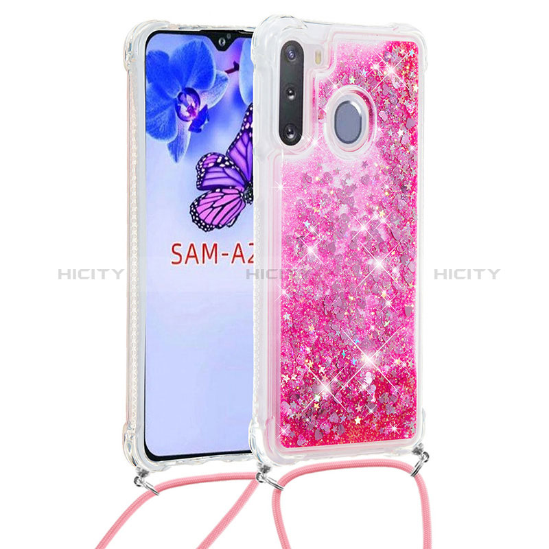 Silicone Candy Rubber TPU Bling-Bling Soft Case Cover with Lanyard Strap S03 for Samsung Galaxy A21 European