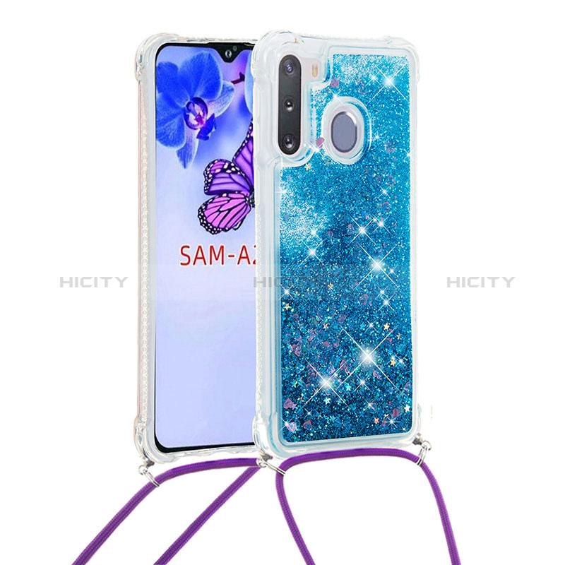 Silicone Candy Rubber TPU Bling-Bling Soft Case Cover with Lanyard Strap S03 for Samsung Galaxy A21 European Blue