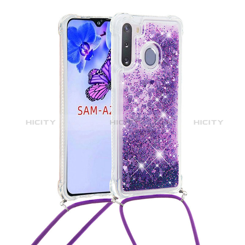 Silicone Candy Rubber TPU Bling-Bling Soft Case Cover with Lanyard Strap S03 for Samsung Galaxy A21 European Purple