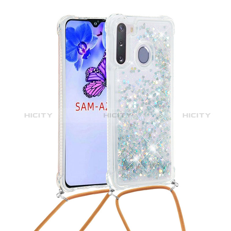 Silicone Candy Rubber TPU Bling-Bling Soft Case Cover with Lanyard Strap S03 for Samsung Galaxy A21 European Silver