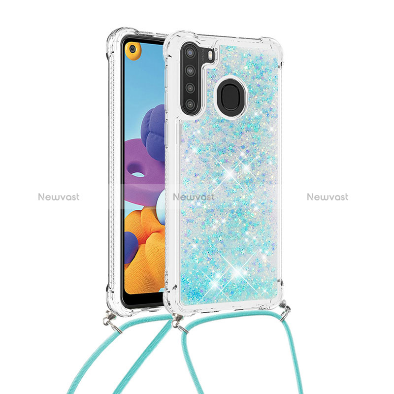 Silicone Candy Rubber TPU Bling-Bling Soft Case Cover with Lanyard Strap S03 for Samsung Galaxy A21 Sky Blue