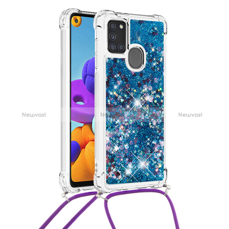 Silicone Candy Rubber TPU Bling-Bling Soft Case Cover with Lanyard Strap S03 for Samsung Galaxy A21s Blue