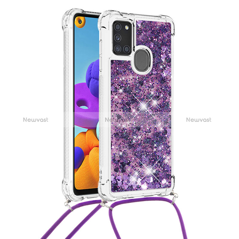 Silicone Candy Rubber TPU Bling-Bling Soft Case Cover with Lanyard Strap S03 for Samsung Galaxy A21s Purple