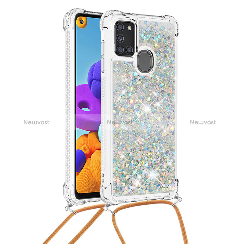 Silicone Candy Rubber TPU Bling-Bling Soft Case Cover with Lanyard Strap S03 for Samsung Galaxy A21s Silver