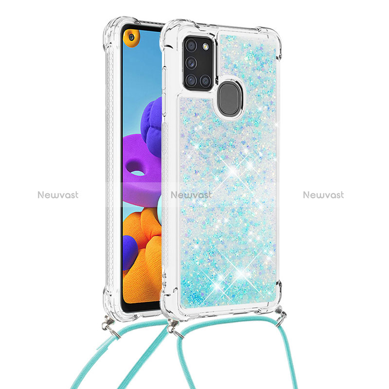 Silicone Candy Rubber TPU Bling-Bling Soft Case Cover with Lanyard Strap S03 for Samsung Galaxy A21s Sky Blue