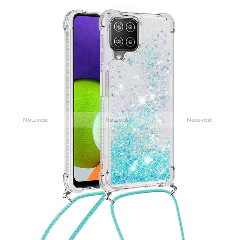 Silicone Candy Rubber TPU Bling-Bling Soft Case Cover with Lanyard Strap S03 for Samsung Galaxy A22 4G Sky Blue