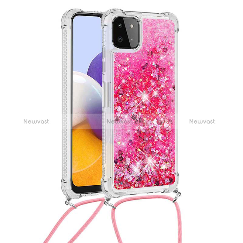 Silicone Candy Rubber TPU Bling-Bling Soft Case Cover with Lanyard Strap S03 for Samsung Galaxy A22 5G Hot Pink