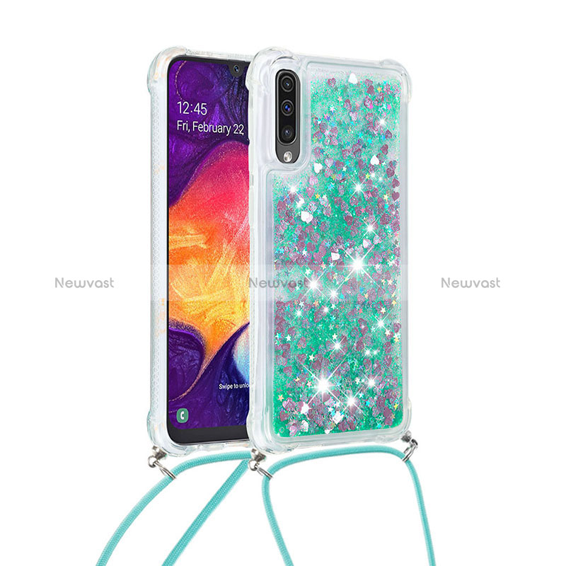 Silicone Candy Rubber TPU Bling-Bling Soft Case Cover with Lanyard Strap S03 for Samsung Galaxy A30S Green