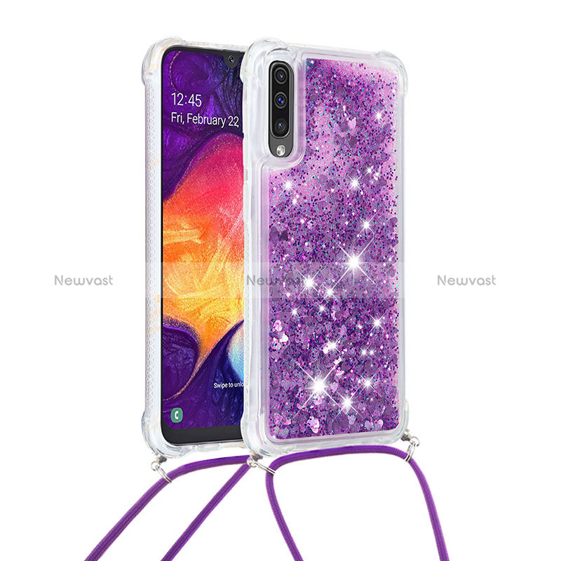 Silicone Candy Rubber TPU Bling-Bling Soft Case Cover with Lanyard Strap S03 for Samsung Galaxy A30S Purple