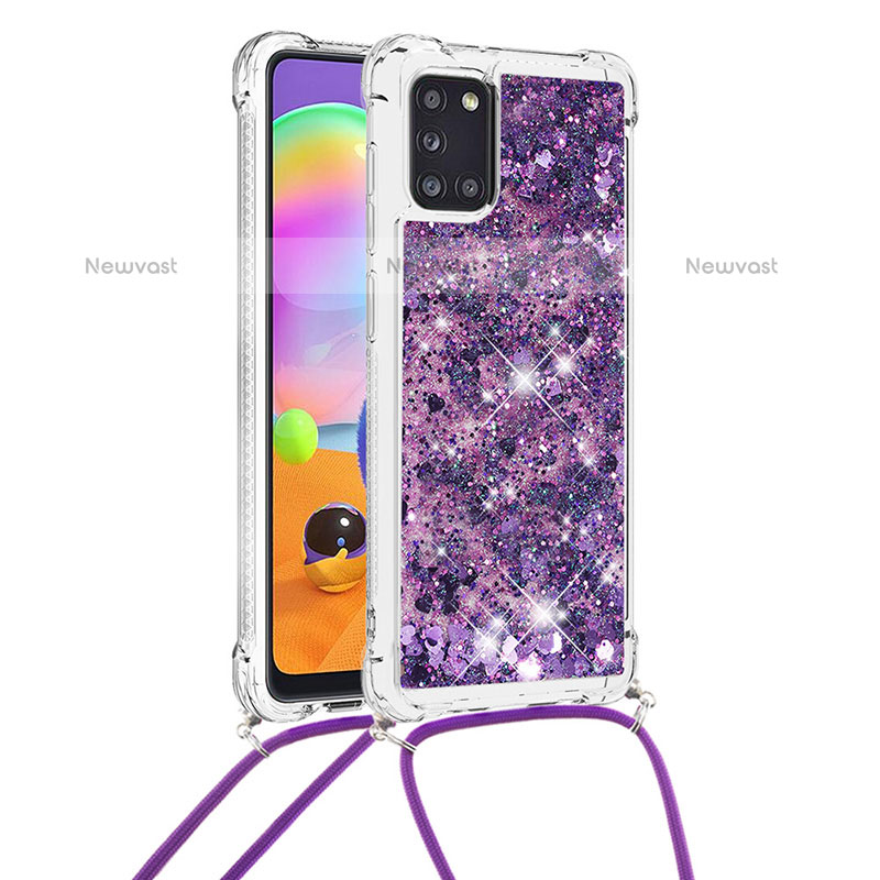 Silicone Candy Rubber TPU Bling-Bling Soft Case Cover with Lanyard Strap S03 for Samsung Galaxy A31 Purple