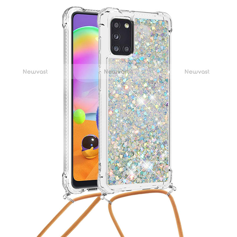 Silicone Candy Rubber TPU Bling-Bling Soft Case Cover with Lanyard Strap S03 for Samsung Galaxy A31 Silver