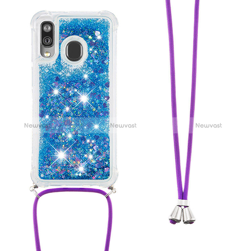 Silicone Candy Rubber TPU Bling-Bling Soft Case Cover with Lanyard Strap S03 for Samsung Galaxy A40 Blue