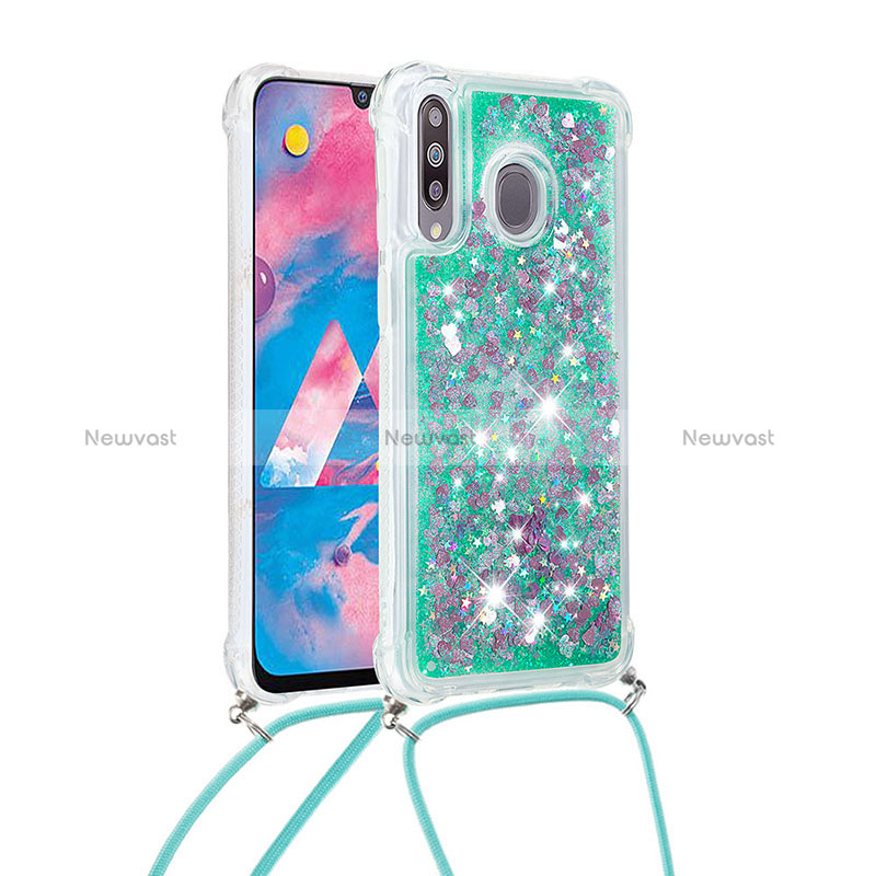 Silicone Candy Rubber TPU Bling-Bling Soft Case Cover with Lanyard Strap S03 for Samsung Galaxy A40s Green