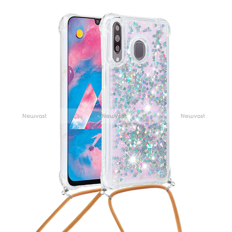 Silicone Candy Rubber TPU Bling-Bling Soft Case Cover with Lanyard Strap S03 for Samsung Galaxy A40s Silver