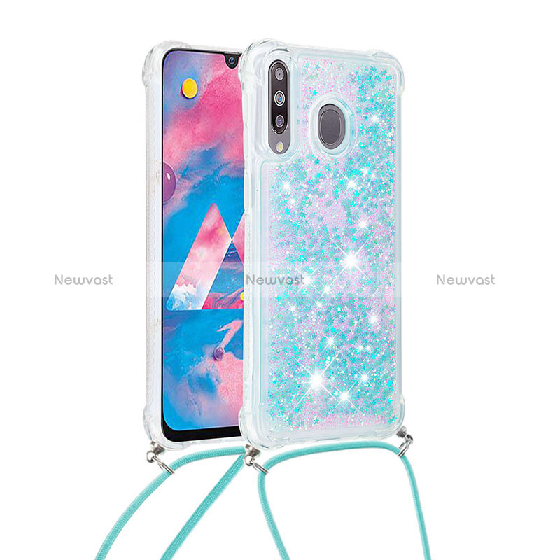 Silicone Candy Rubber TPU Bling-Bling Soft Case Cover with Lanyard Strap S03 for Samsung Galaxy A40s Sky Blue