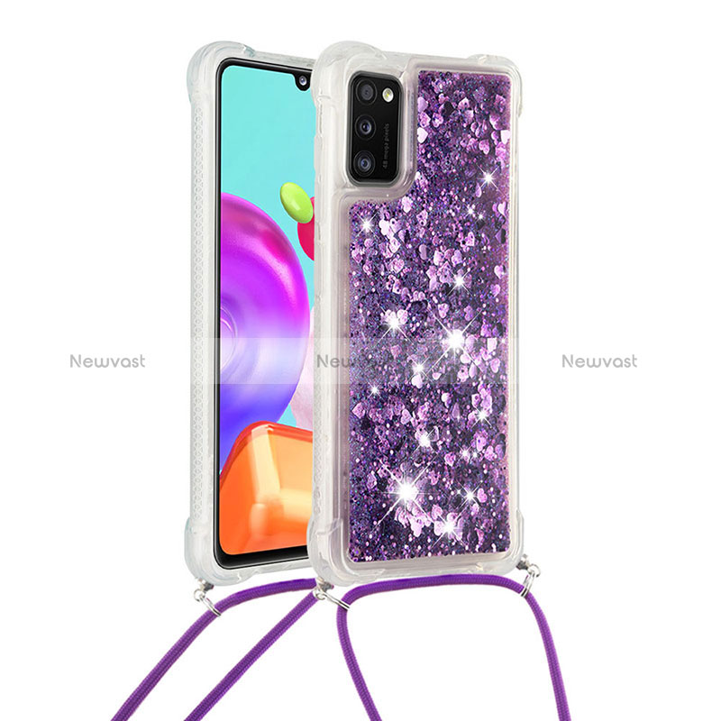 Silicone Candy Rubber TPU Bling-Bling Soft Case Cover with Lanyard Strap S03 for Samsung Galaxy A41 Purple