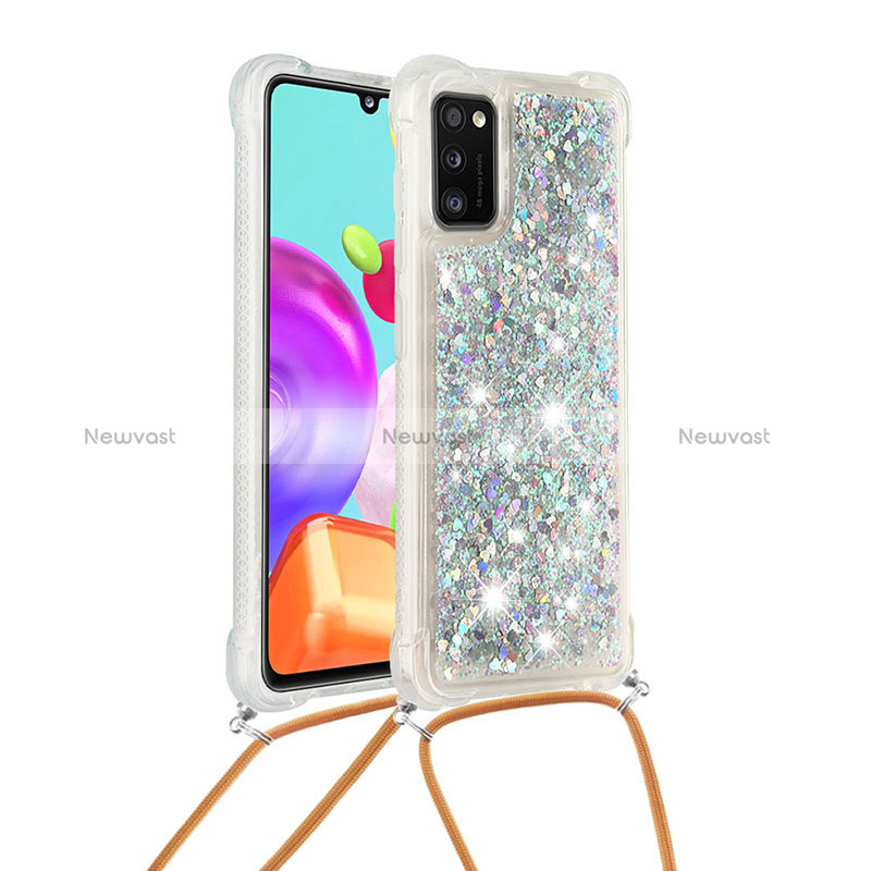 Silicone Candy Rubber TPU Bling-Bling Soft Case Cover with Lanyard Strap S03 for Samsung Galaxy A41 Silver