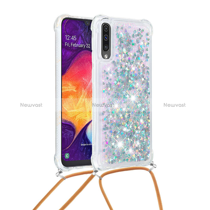 Silicone Candy Rubber TPU Bling-Bling Soft Case Cover with Lanyard Strap S03 for Samsung Galaxy A50 Silver