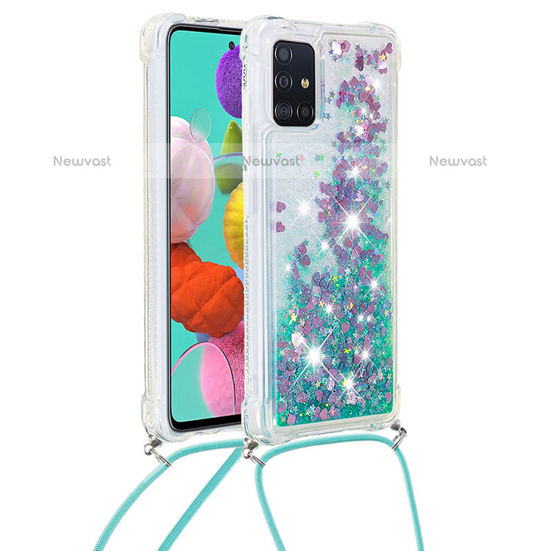 Silicone Candy Rubber TPU Bling-Bling Soft Case Cover with Lanyard Strap S03 for Samsung Galaxy A51 4G Green