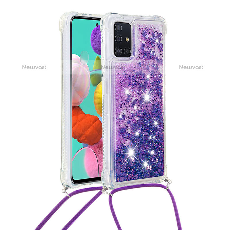 Silicone Candy Rubber TPU Bling-Bling Soft Case Cover with Lanyard Strap S03 for Samsung Galaxy A51 4G Purple