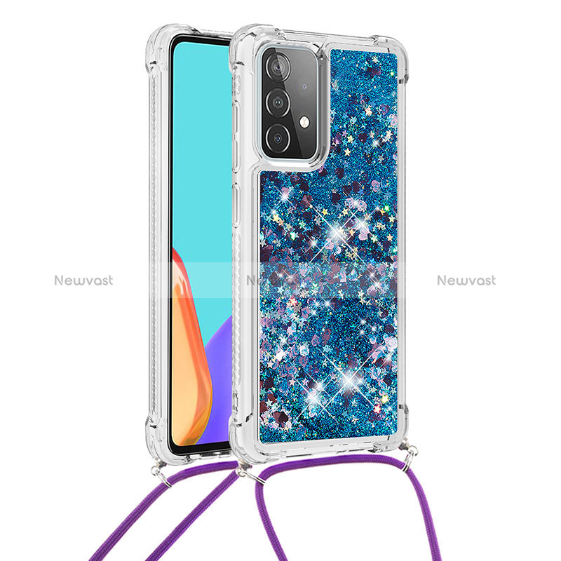Silicone Candy Rubber TPU Bling-Bling Soft Case Cover with Lanyard Strap S03 for Samsung Galaxy A52 5G Blue