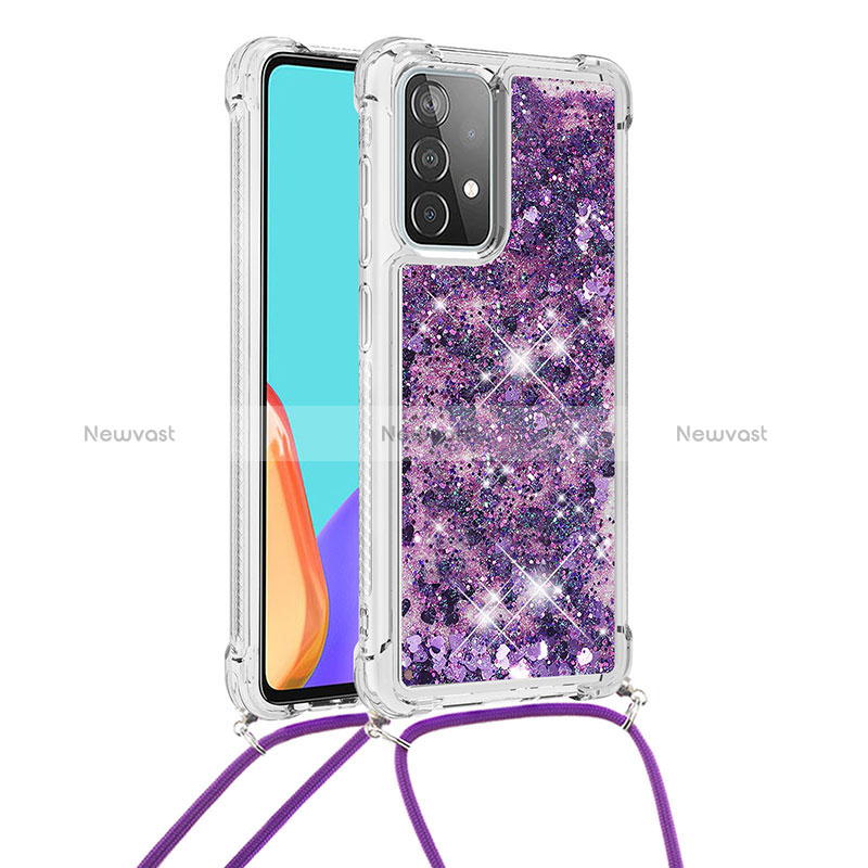 Silicone Candy Rubber TPU Bling-Bling Soft Case Cover with Lanyard Strap S03 for Samsung Galaxy A52 5G Purple