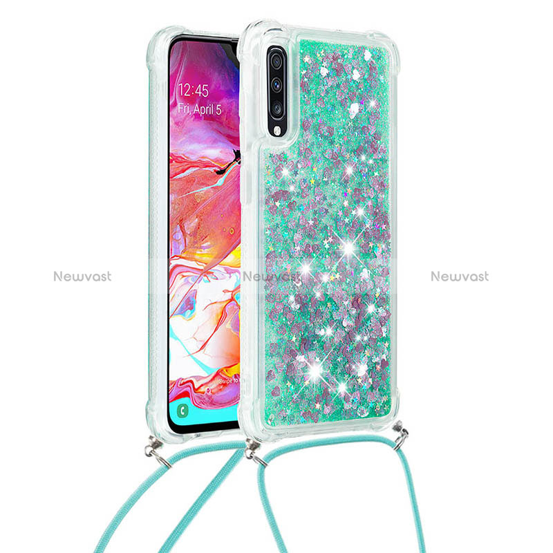 Silicone Candy Rubber TPU Bling-Bling Soft Case Cover with Lanyard Strap S03 for Samsung Galaxy A70 Green