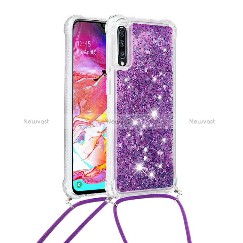 Silicone Candy Rubber TPU Bling-Bling Soft Case Cover with Lanyard Strap S03 for Samsung Galaxy A70 Purple