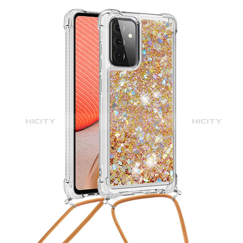 Silicone Candy Rubber TPU Bling-Bling Soft Case Cover with Lanyard Strap S03 for Samsung Galaxy A72 4G Gold