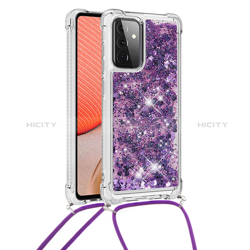 Silicone Candy Rubber TPU Bling-Bling Soft Case Cover with Lanyard Strap S03 for Samsung Galaxy A72 5G Purple