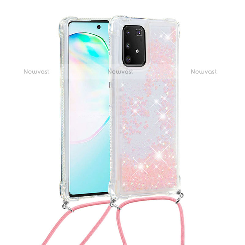 Silicone Candy Rubber TPU Bling-Bling Soft Case Cover with Lanyard Strap S03 for Samsung Galaxy A91 Pink