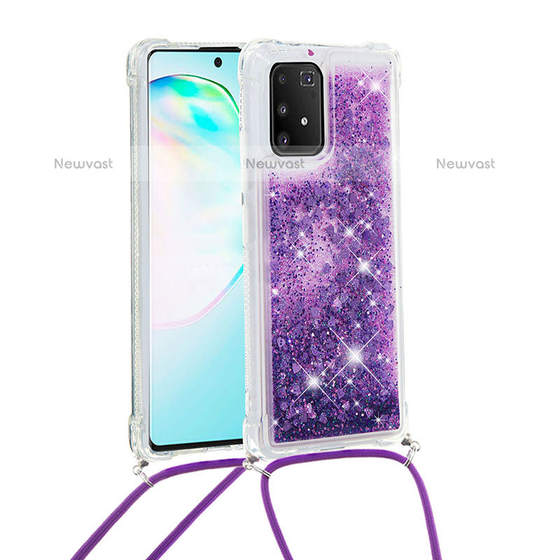 Silicone Candy Rubber TPU Bling-Bling Soft Case Cover with Lanyard Strap S03 for Samsung Galaxy A91 Purple