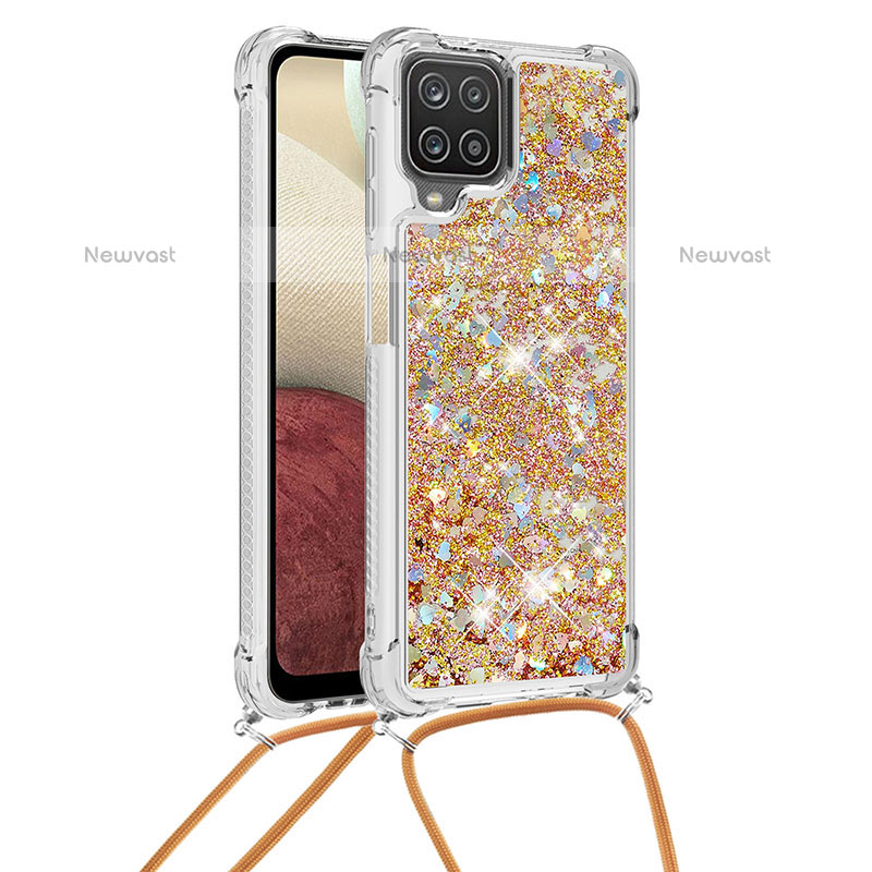 Silicone Candy Rubber TPU Bling-Bling Soft Case Cover with Lanyard Strap S03 for Samsung Galaxy F12 Gold