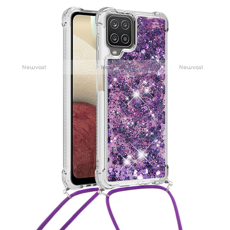 Silicone Candy Rubber TPU Bling-Bling Soft Case Cover with Lanyard Strap S03 for Samsung Galaxy F12 Purple