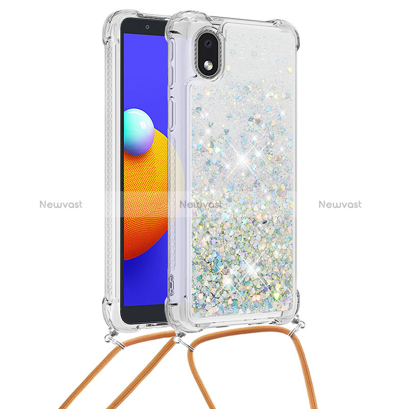 Silicone Candy Rubber TPU Bling-Bling Soft Case Cover with Lanyard Strap S03 for Samsung Galaxy M01 Core Silver