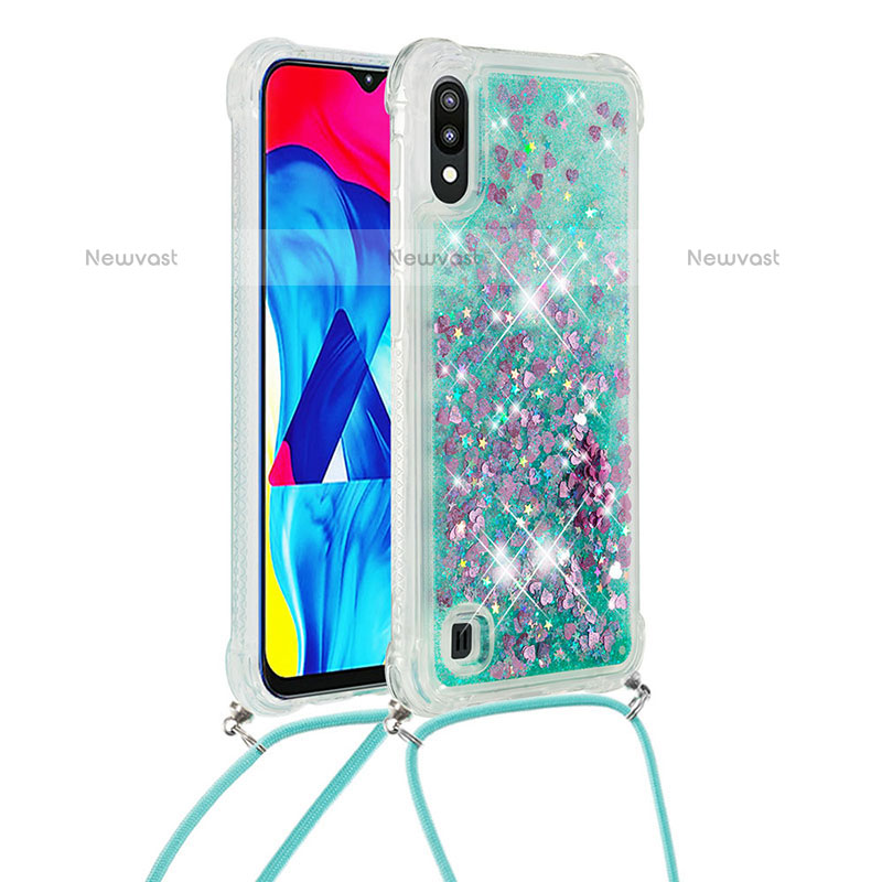 Silicone Candy Rubber TPU Bling-Bling Soft Case Cover with Lanyard Strap S03 for Samsung Galaxy M10 Green