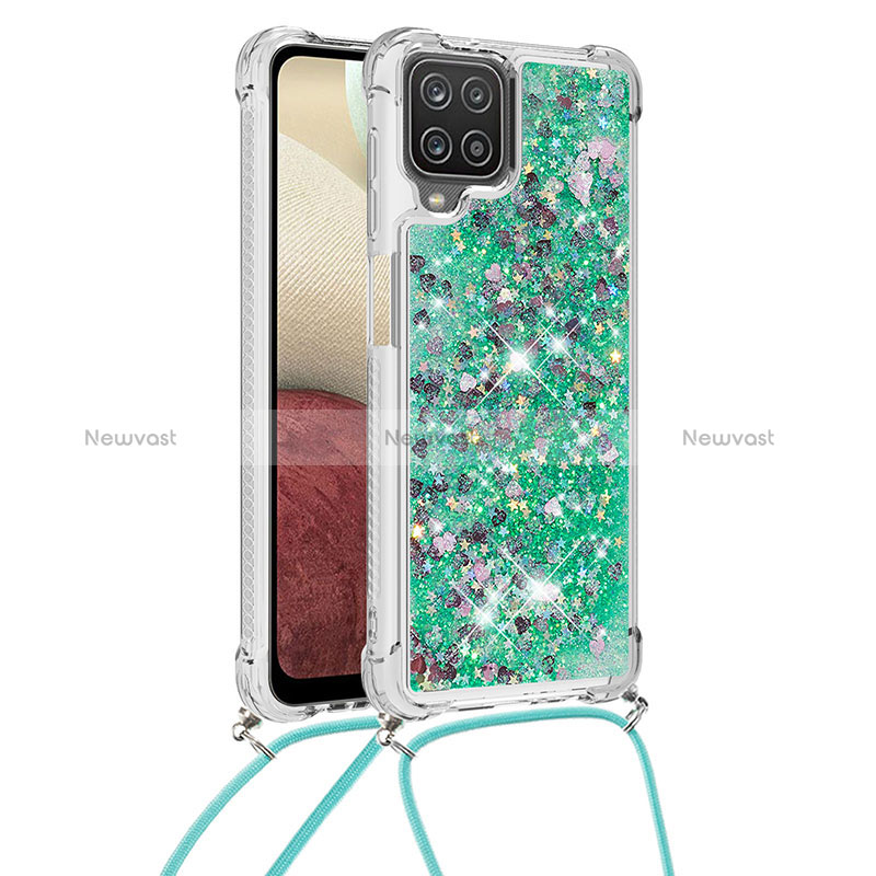 Silicone Candy Rubber TPU Bling-Bling Soft Case Cover with Lanyard Strap S03 for Samsung Galaxy M12 Green