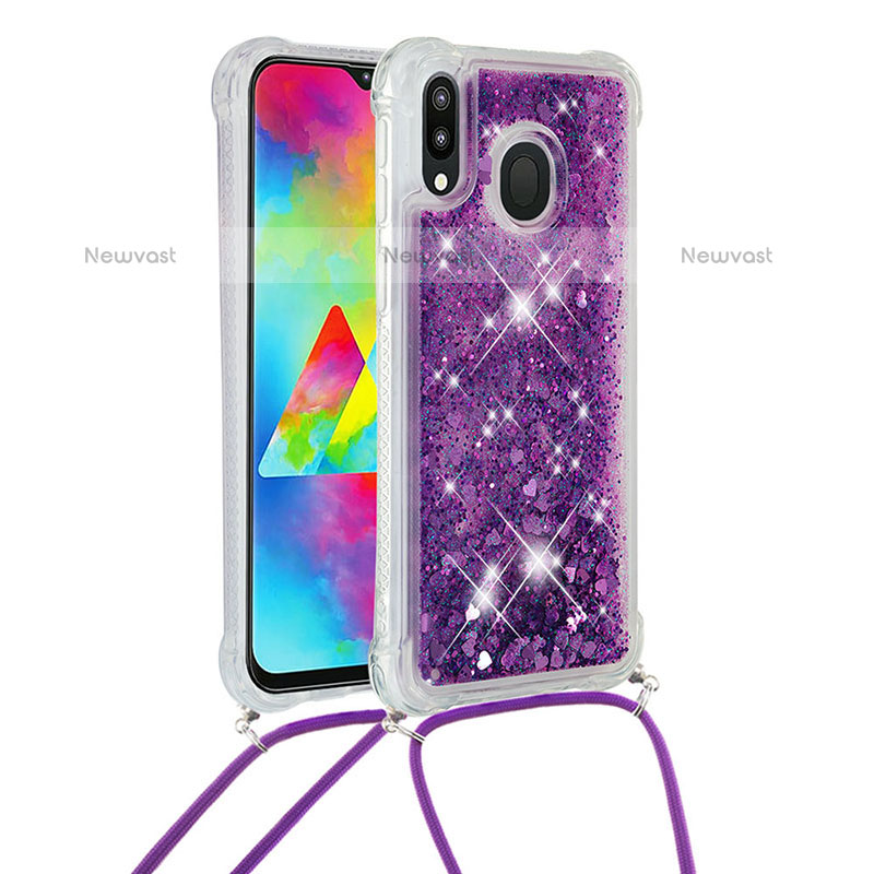 Silicone Candy Rubber TPU Bling-Bling Soft Case Cover with Lanyard Strap S03 for Samsung Galaxy M20 Purple