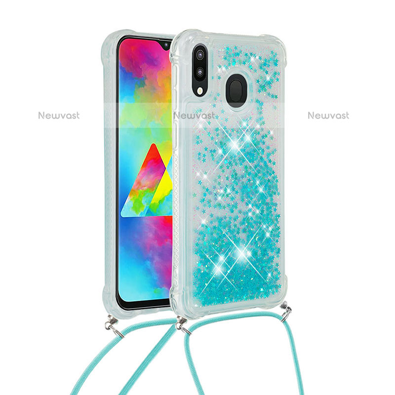 Silicone Candy Rubber TPU Bling-Bling Soft Case Cover with Lanyard Strap S03 for Samsung Galaxy M20 Sky Blue